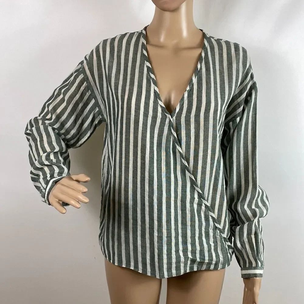 Talori 100% cotton striped faux wrap long sleeve blouse top size S